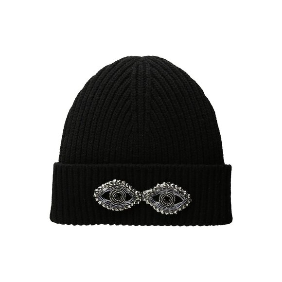 BCBG MaxAzria Black Wool Eye See You Embellished Ribbed Cable Knit Beanie Hat - Picture 1 of 6